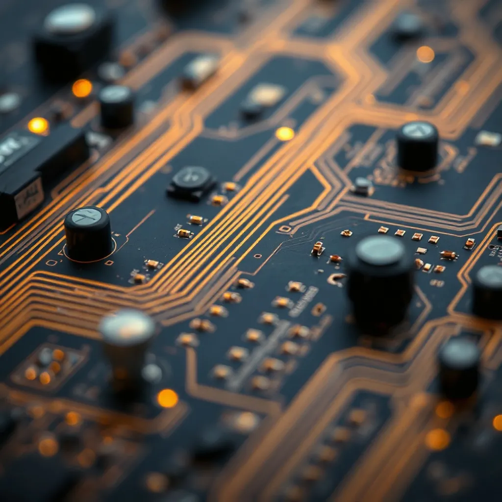 Close-up of high-tech circuit board with golden glowing line
