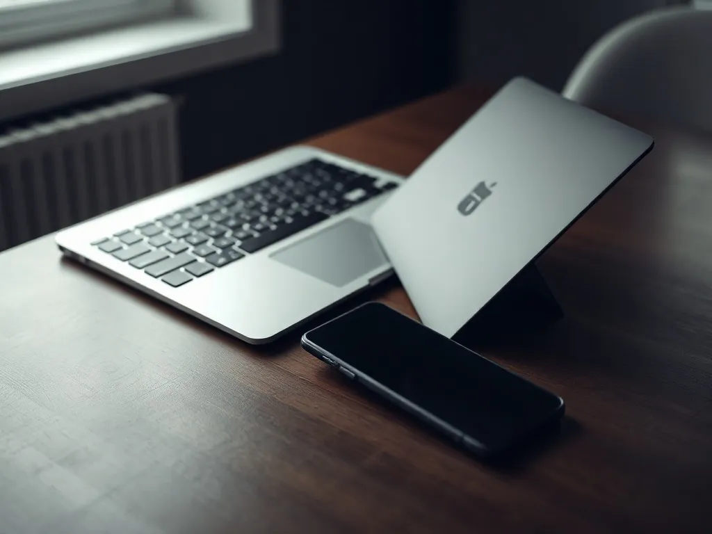 A sleek modern laptop and a high-end smartphone lying on a d
