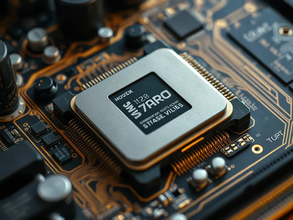 Close-up of a modern computer processor on a motherboard wit