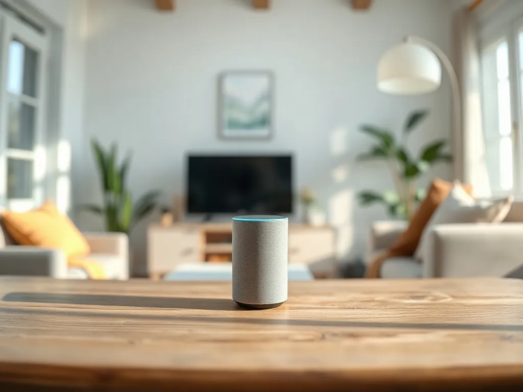 Minimalist smart speaker on a wooden table in a brightly lit