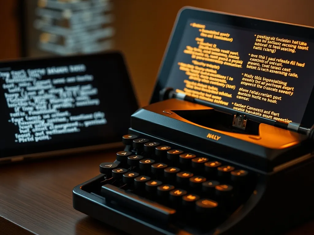 A close-up of a vintage typewriter next to a modern tablet d