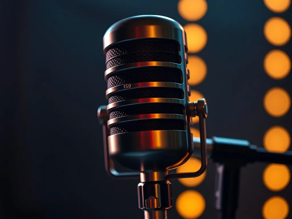 Close-up of a high-tech modern microphone with golden lighti